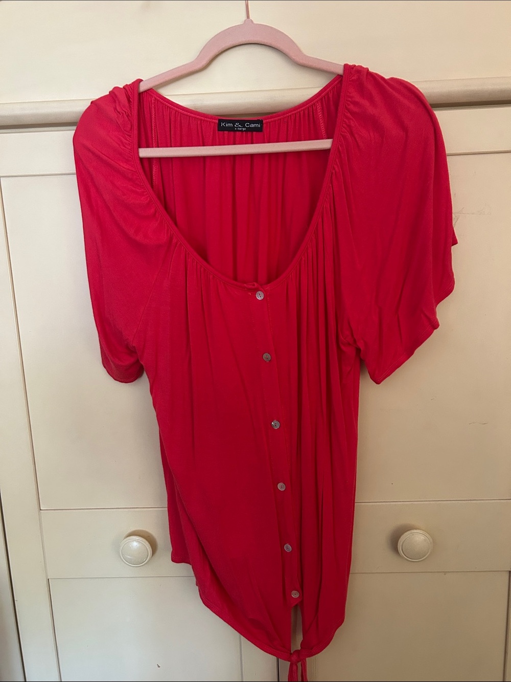 Kim & Cami Bright Pink Button-Front Short Sleeve Blouse